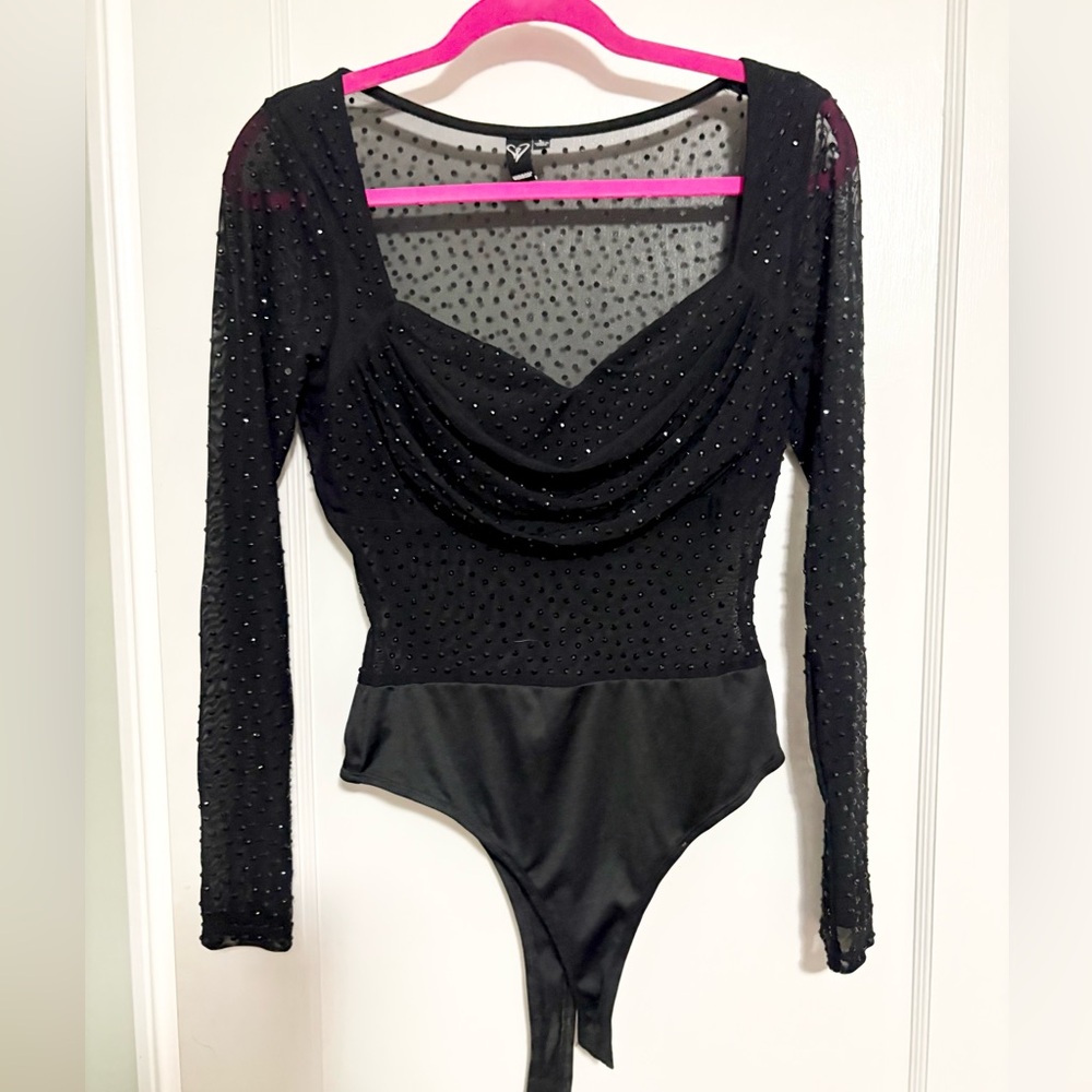 Windsor Black Sparkle Long Sleeve Sheer Bodysuit